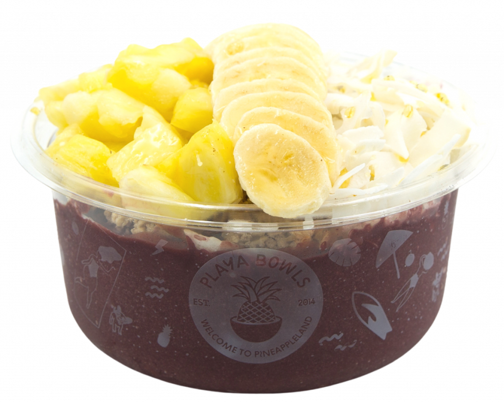 Pure acai topped with granola, banana, pineapple, coconut flakes, honey