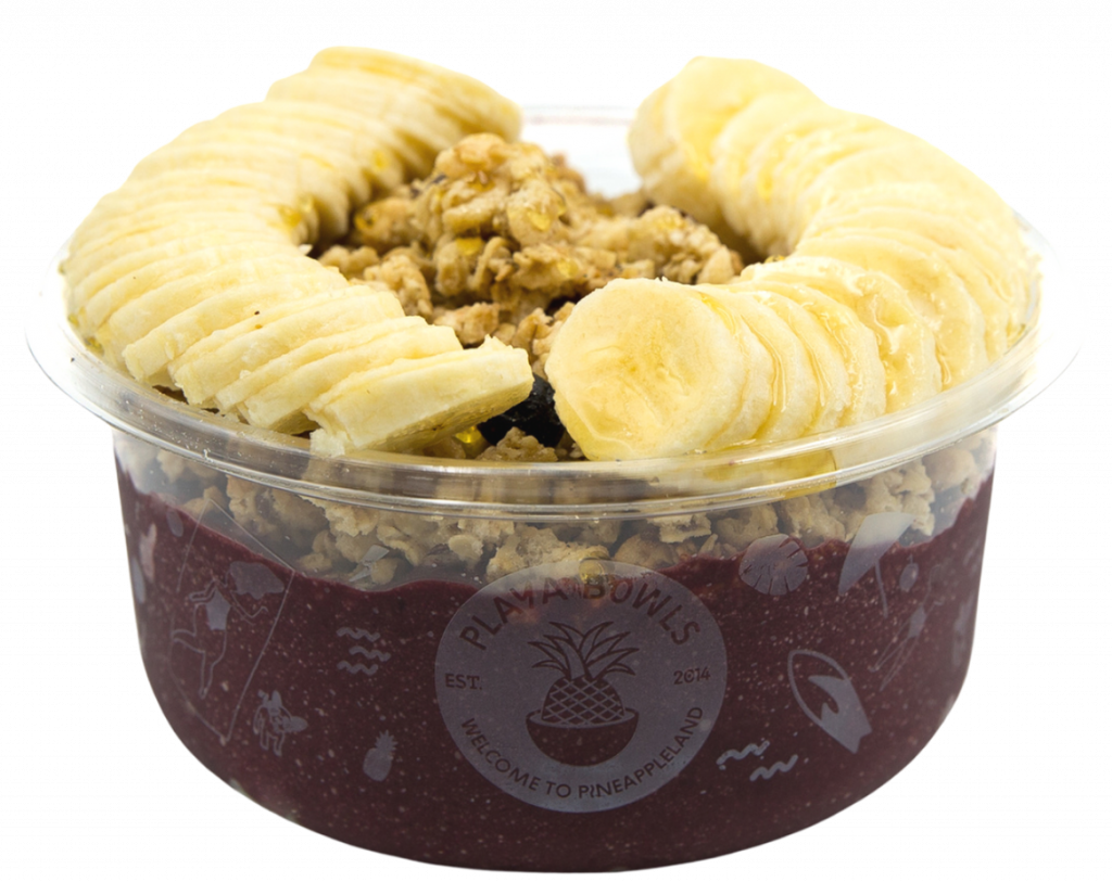 Pure acai topped with granola, banana, honey
