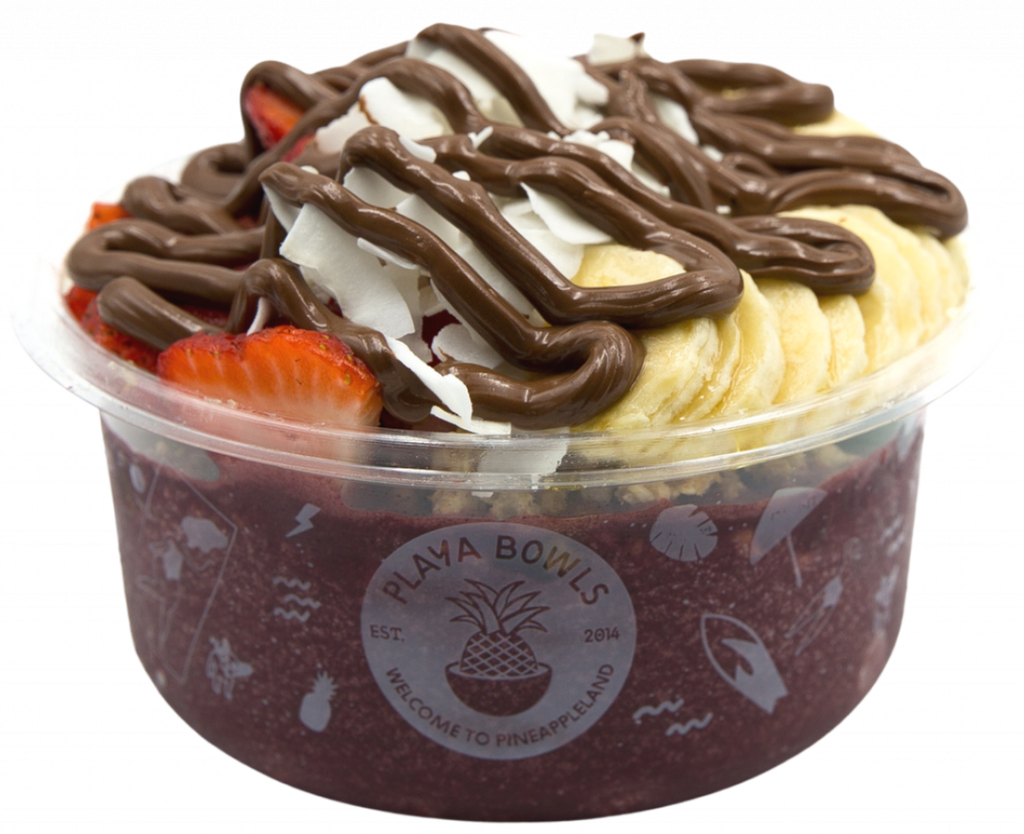 Pure acai topped with granola, banana, strawberry, coconut flakes, nutella drizzle