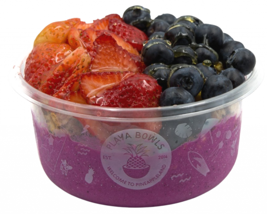 Pitaya blend topped with granola, strawberry, blueberry, honey
