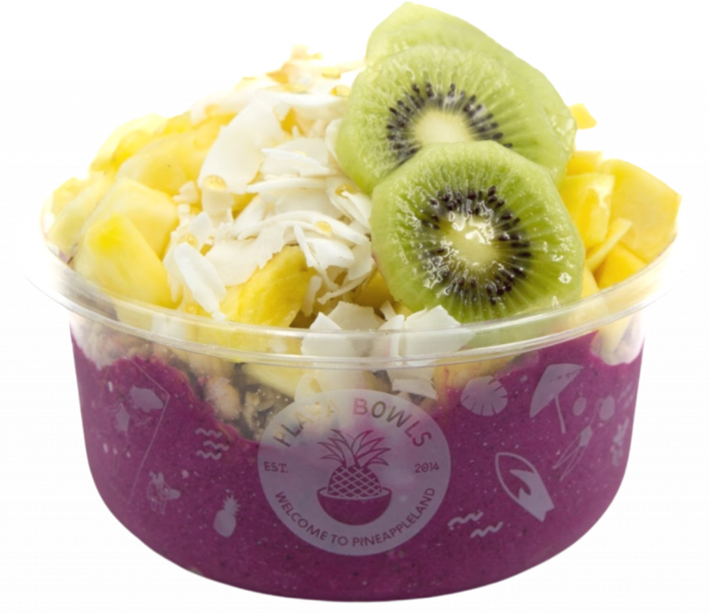 Pitaya blend topped with granola, kiwi, pineapple, mango, coconut flakes, honey