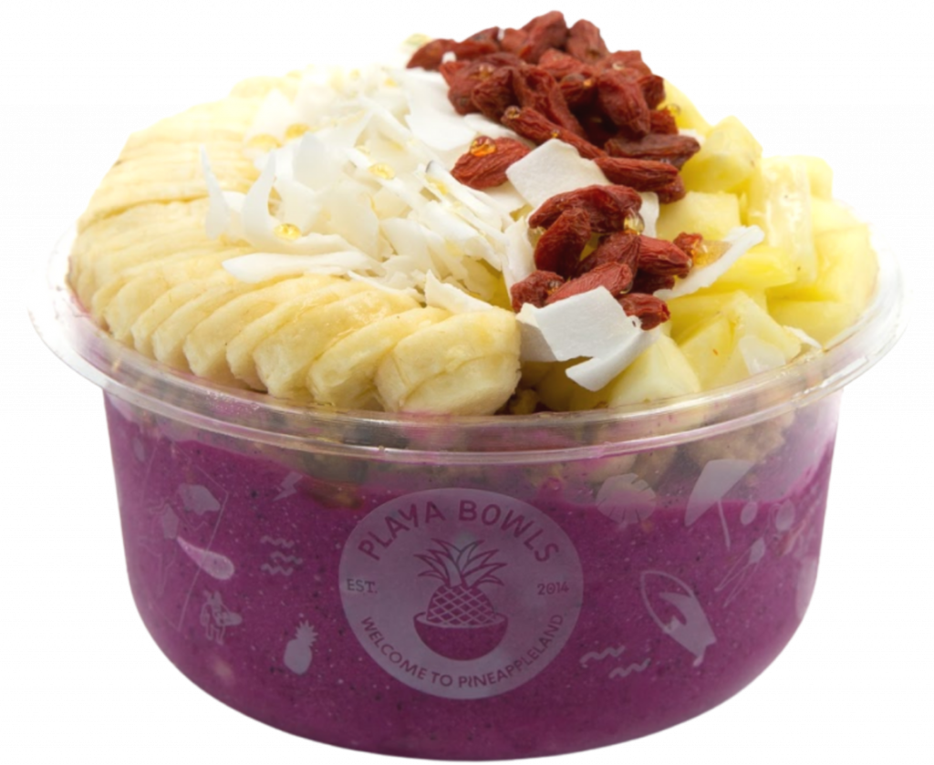 Pitaya blend topped with granola, banana, pineapple, goji berries, coconut flakes, honey