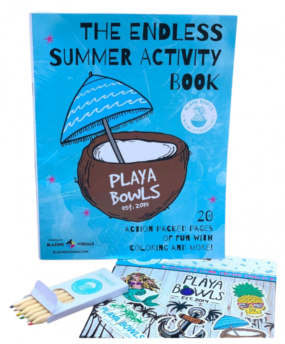 endless summer activity book, a Playa Bowls sticker sheet and colored pencils